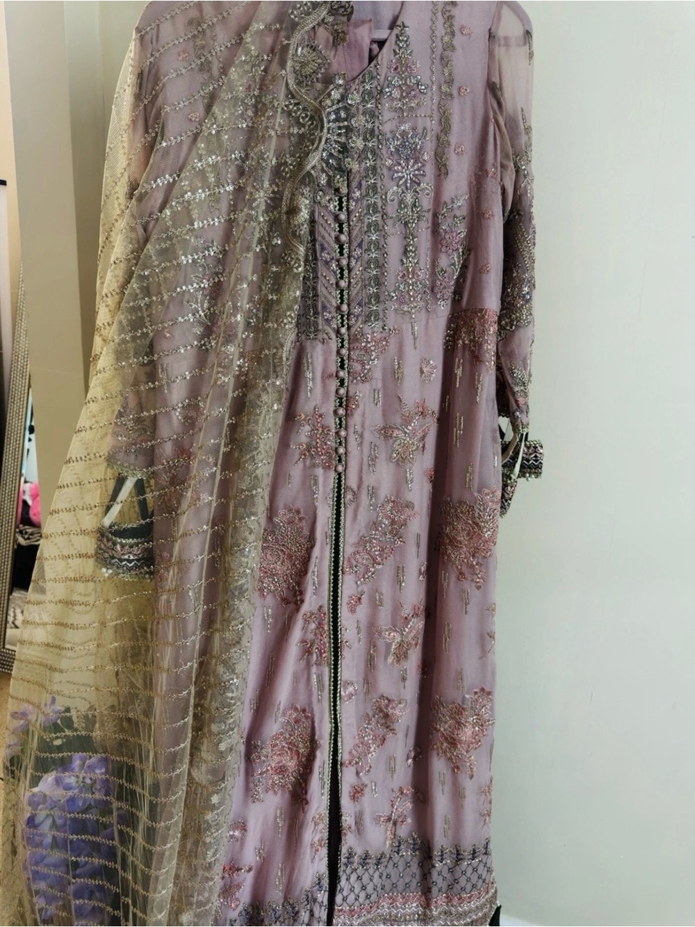 Embellished Dusty Pink Formal Women's Dress with Gold Dupatta